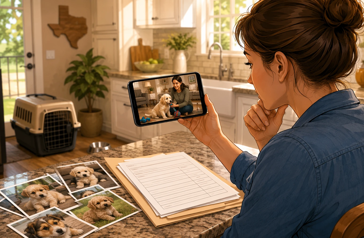 Buyer on video call with puppy in bright kitchen