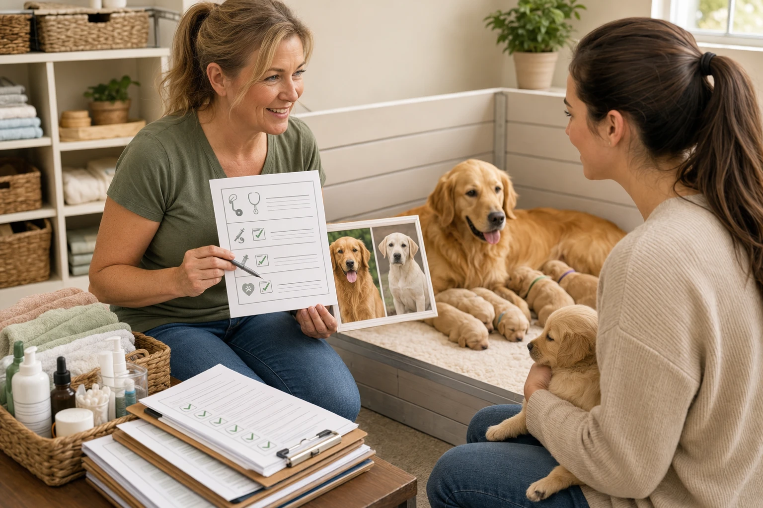 Breeder showing puppy with vet records