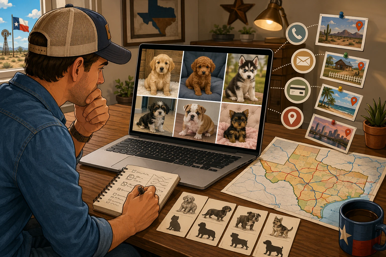 Buyer comparing puppy photos with highway map and notes