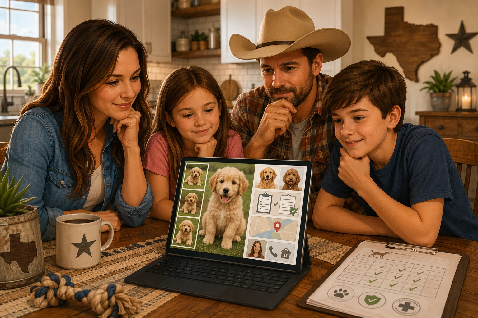 Family reviewing puppy listing with vaccination and breeder info