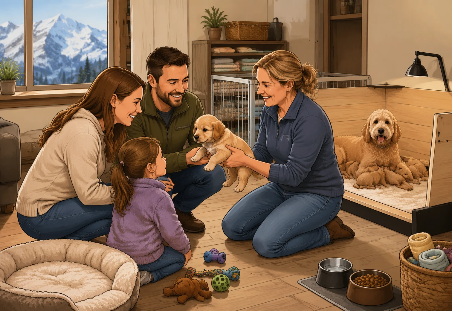 Family meeting a breeder in a tidy home nursery