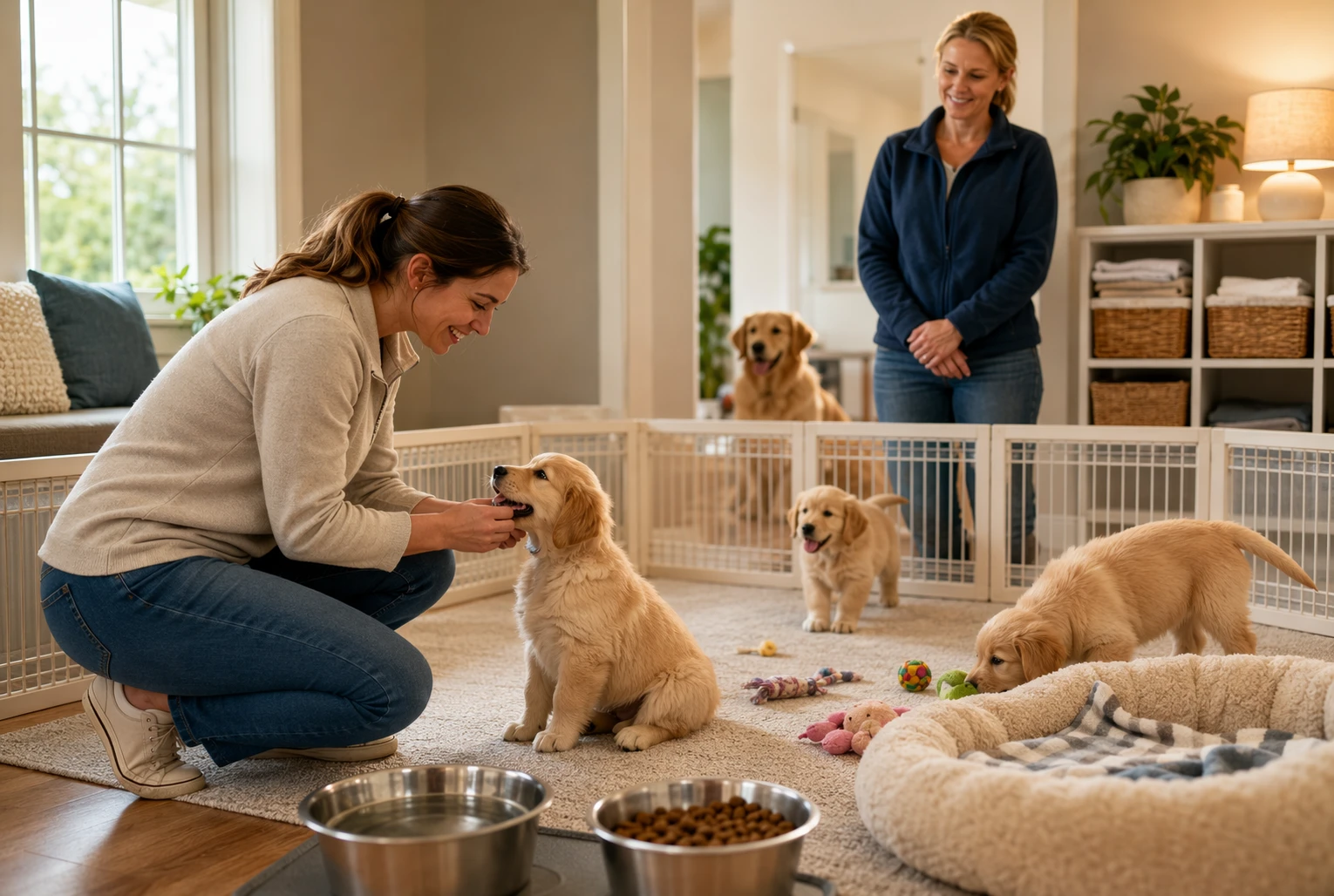 Puppy play area with breeder and supplies