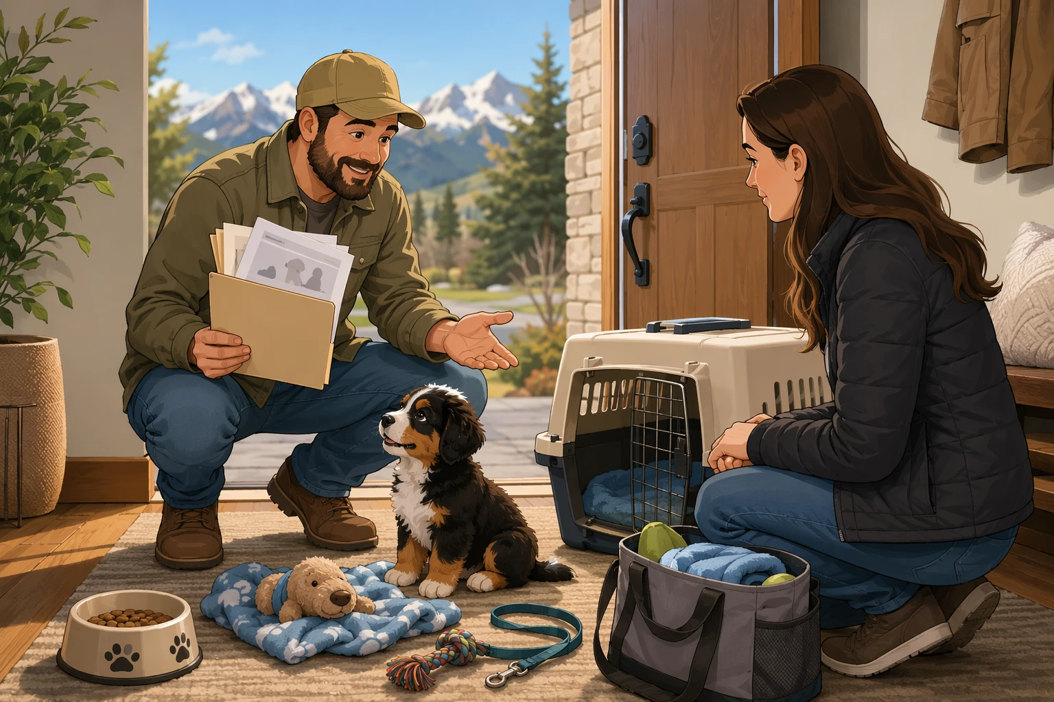 Breeder explaining puppy temperament at doorway