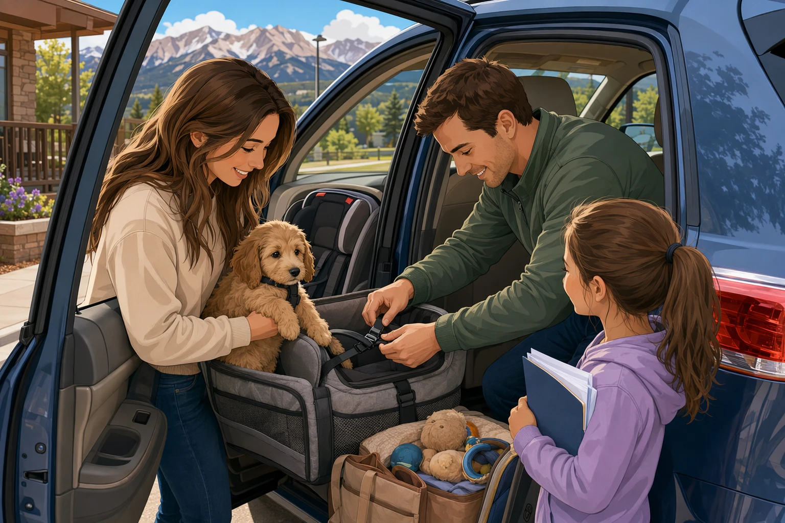 Parents securing a puppy in a car seat at Colorado curbside pickup
