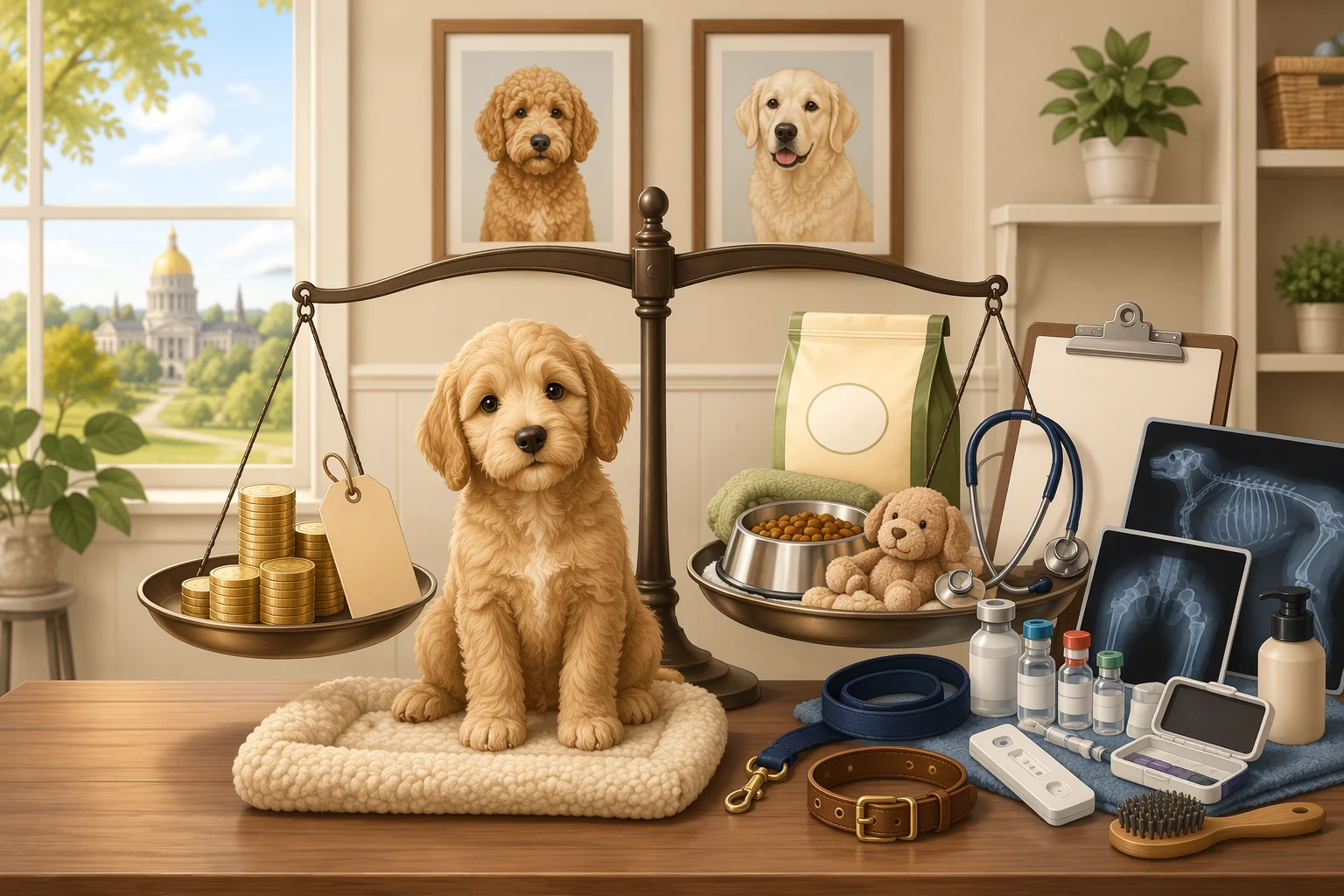 Cartoon chart comparing puppy price factors and health screening tools