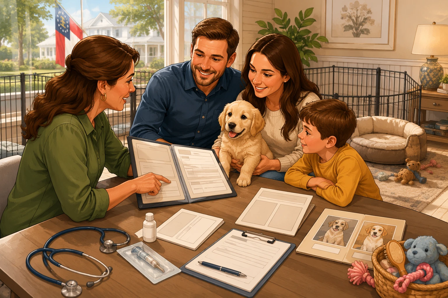 Family reviewing puppy health records with breeder in bright nursery
