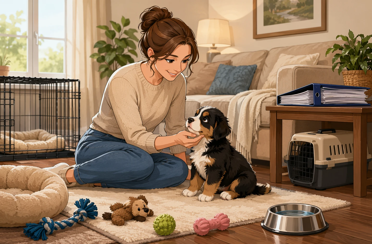 Breeder socializing puppy with toys in living room