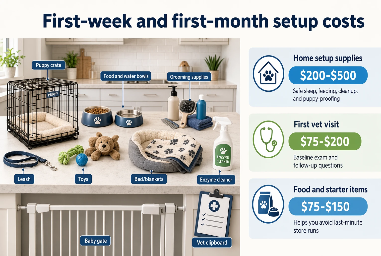 Modern infographic showing setup costs for a new puppy with labeled bars for home supplies, vet visit, and starter food