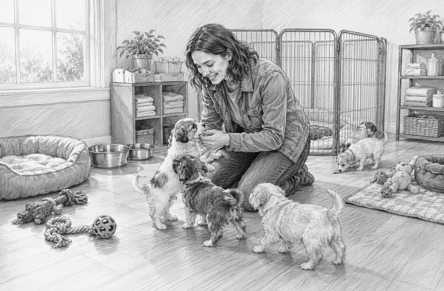Kneeling owner with playful puppies in tidy puppy room