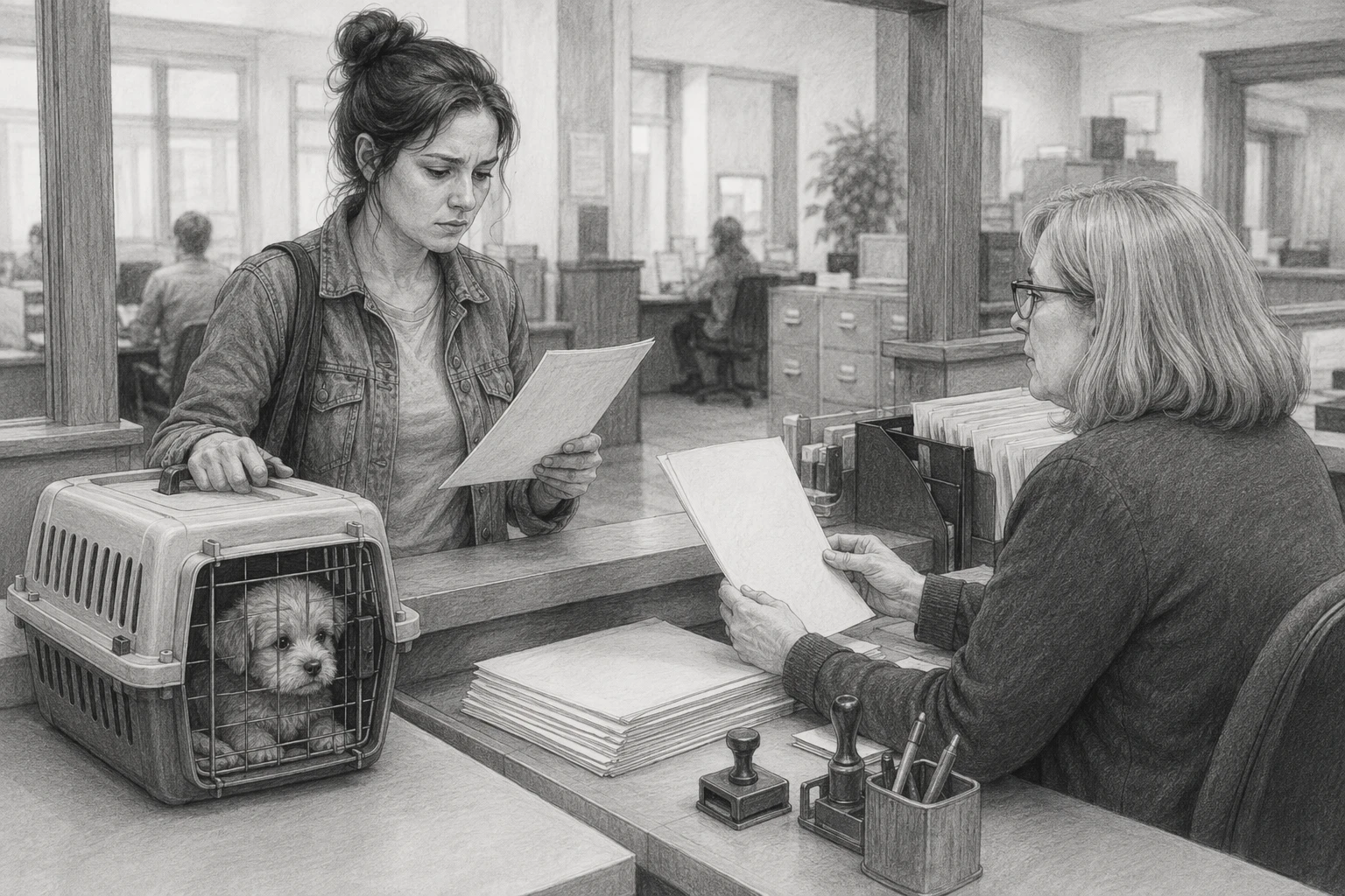 Buyer at county clerk counter with puppy carrier