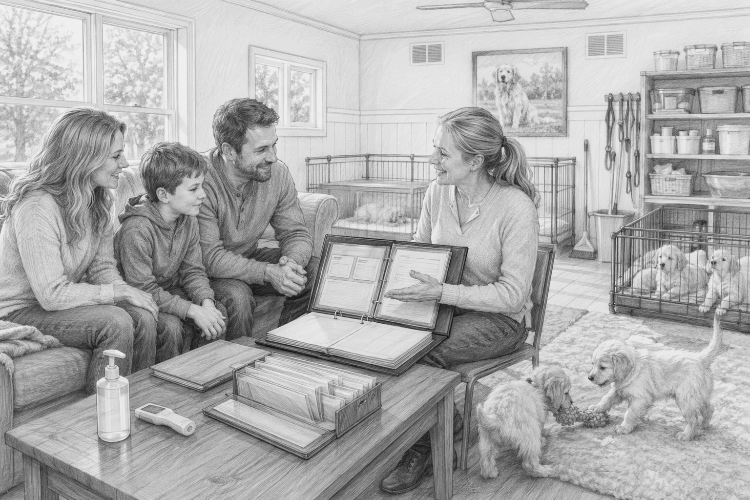 Family reviewing puppy health records with breeder in bright nursery