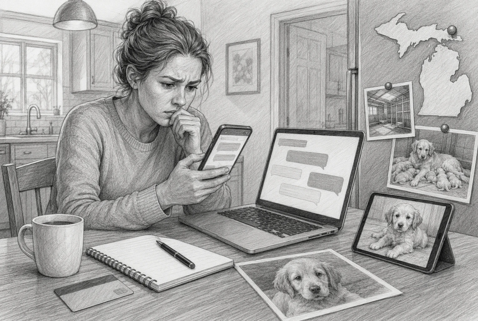 Buyer studying suspicious puppy listing at kitchen table