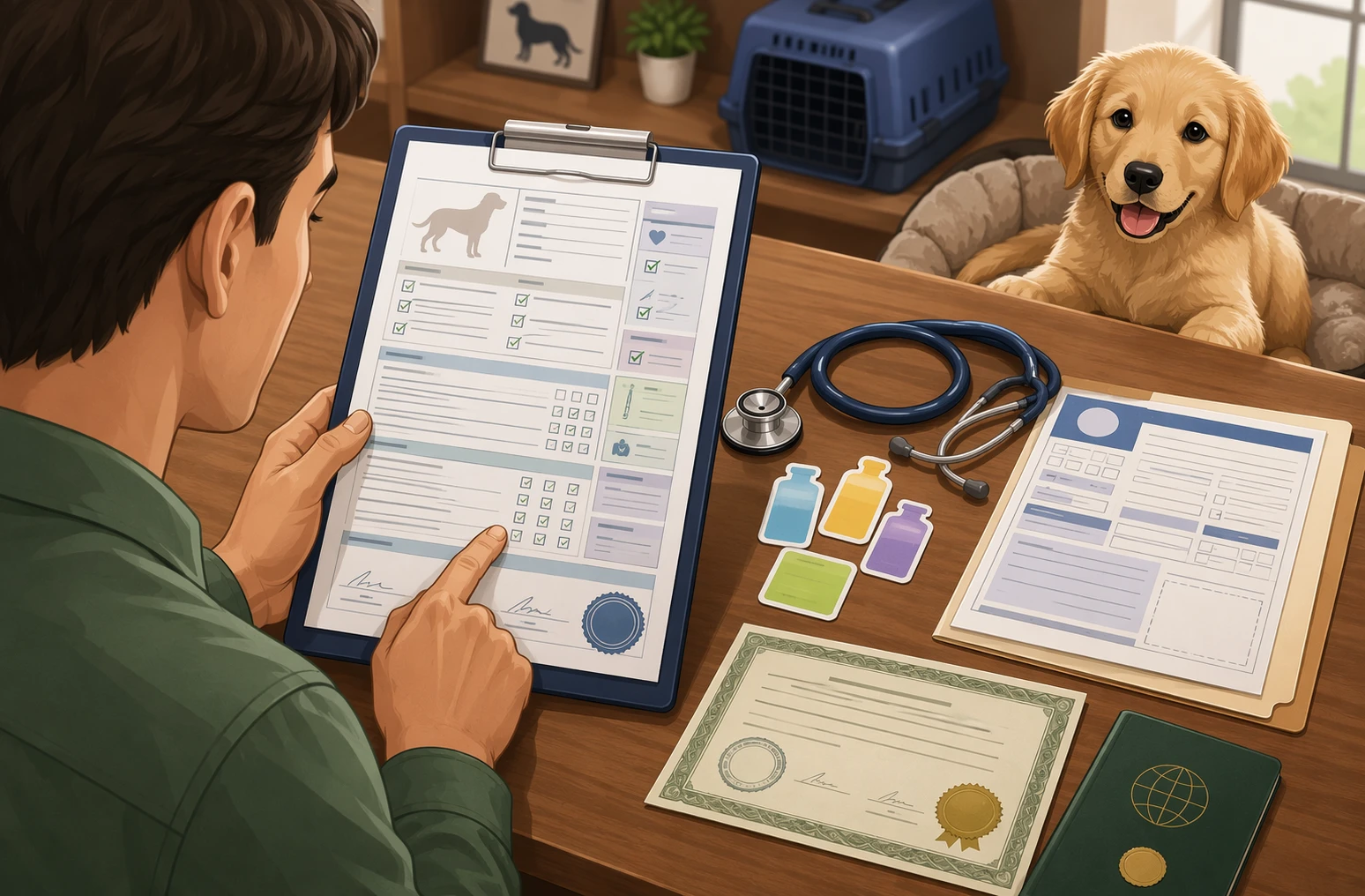 Buyer reviewing puppy health exam sheet with stethoscope and vaccine labels