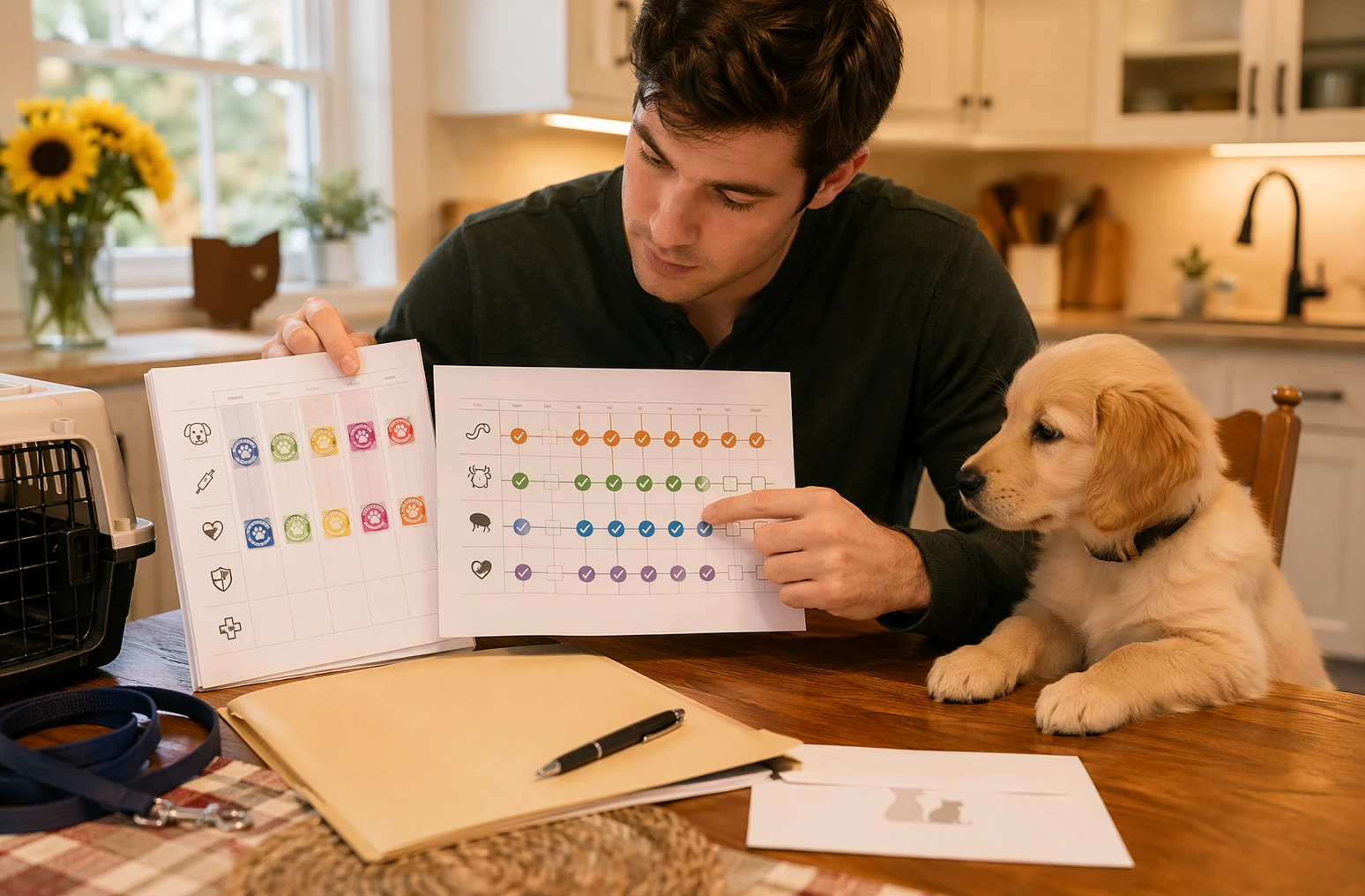 Puppy owner comparing vaccine stickers at kitchen table