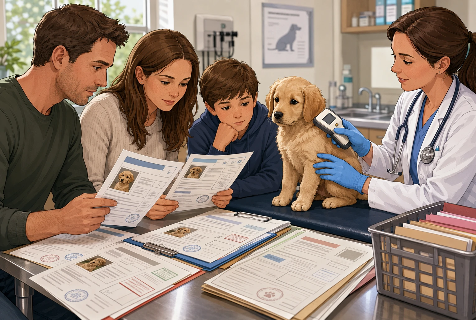 Family reviewing puppy paperwork with veterinarian in exam room