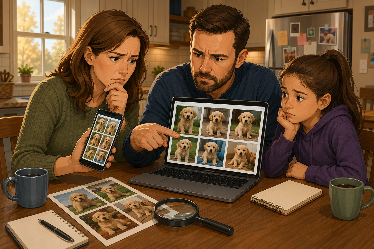 Family reviewing puppy listing photos at kitchen table