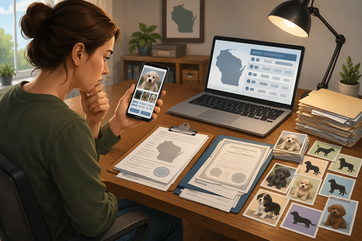 Buyer comparing breeder documents at desk