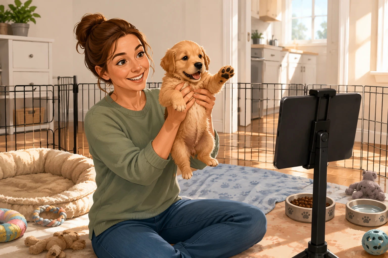 Breeder holding puppy during video call