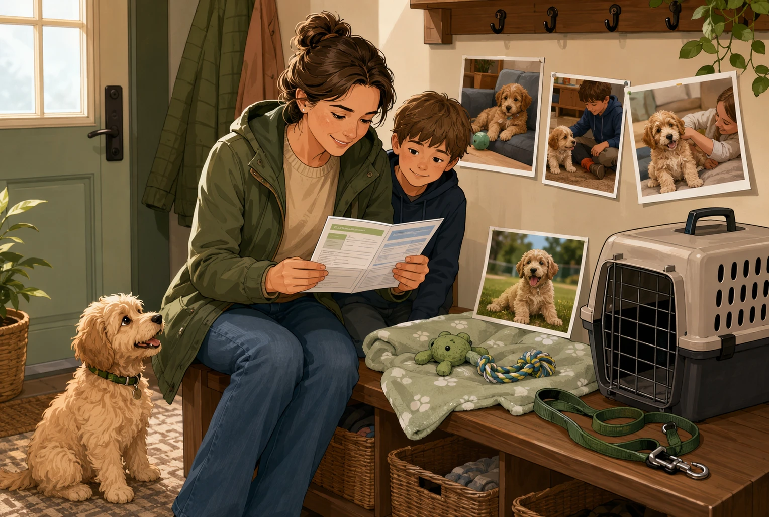 Parent examining puppy vaccine papers beside leash and carrier