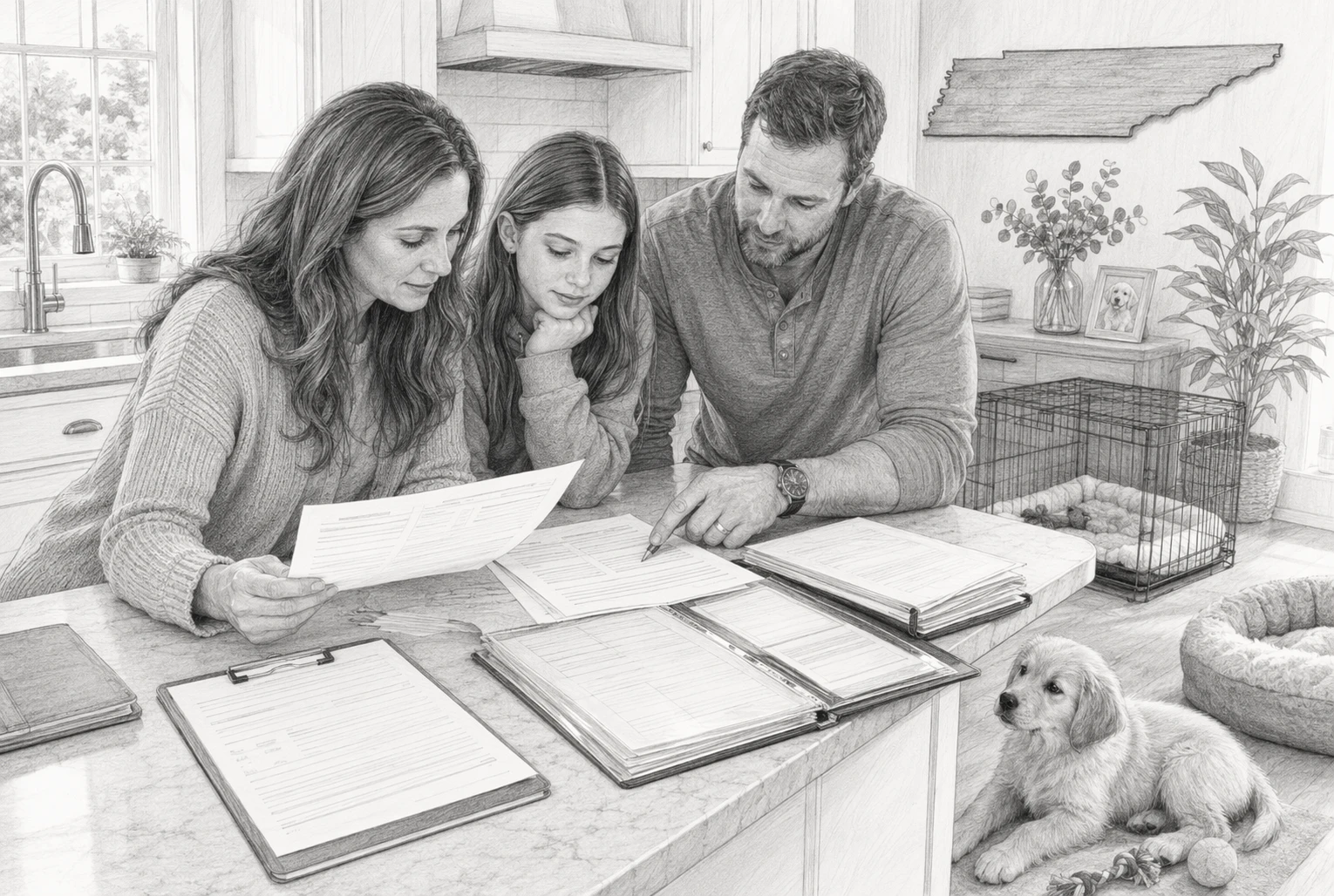 Family reviewing puppy health records at kitchen counter