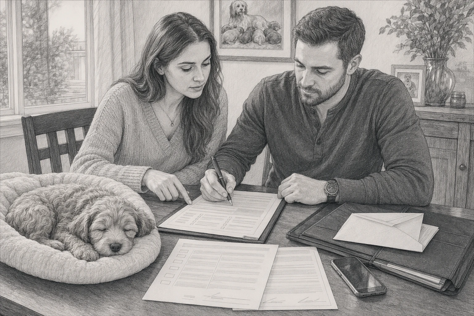 Parents reviewing puppy reservation contract at dining table