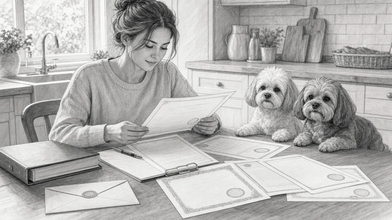 Breeder reviewing OFA certificates with parent dogs