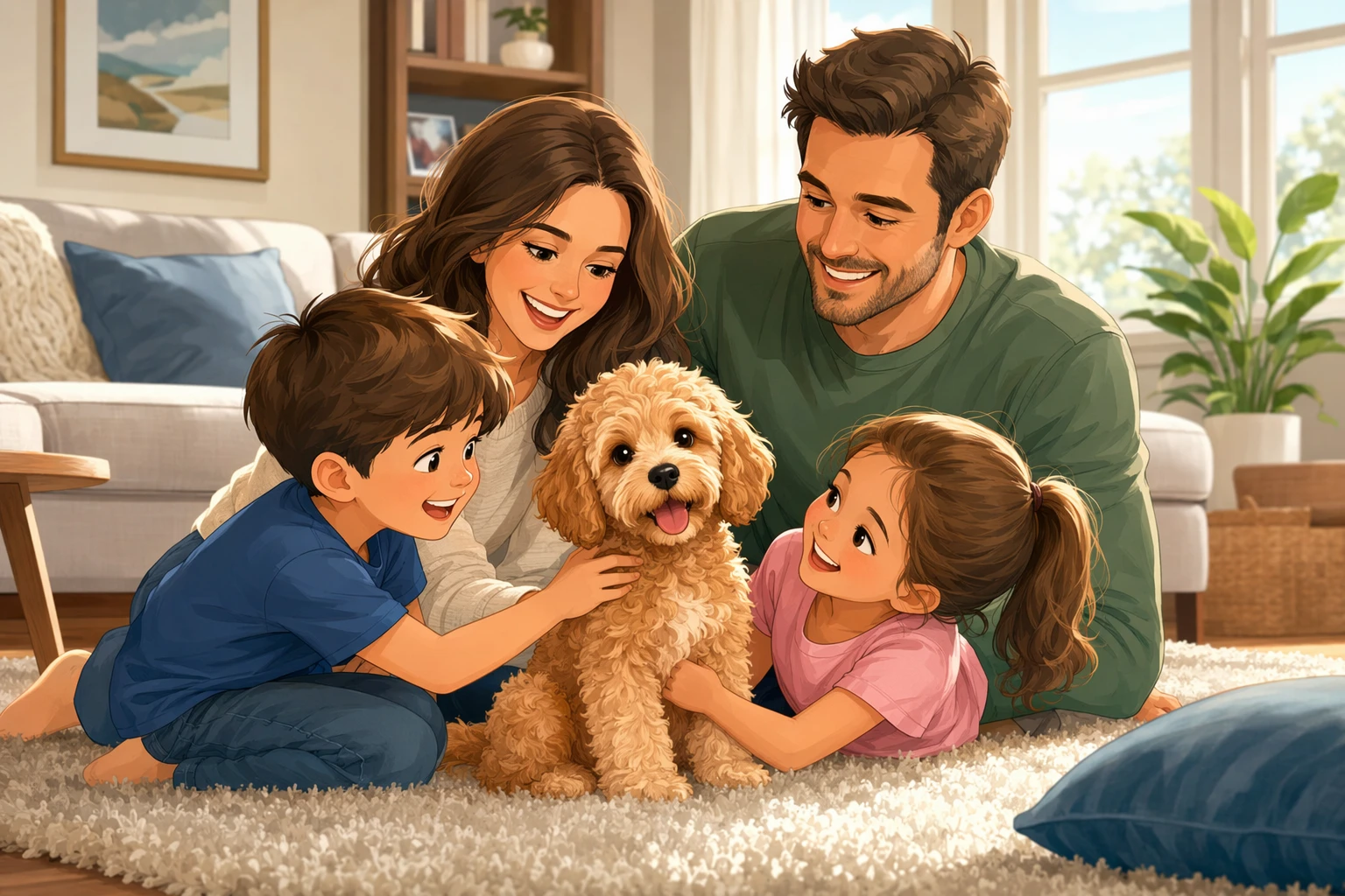 Family cuddling an apricot Cavapoo puppy on a bright living room rug