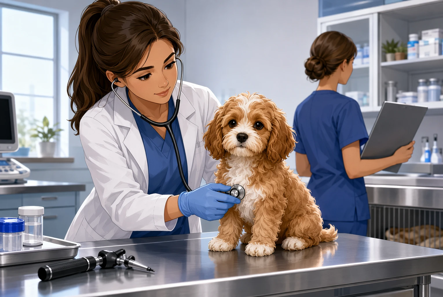 Vet examining a Cavapoo puppy on stainless table