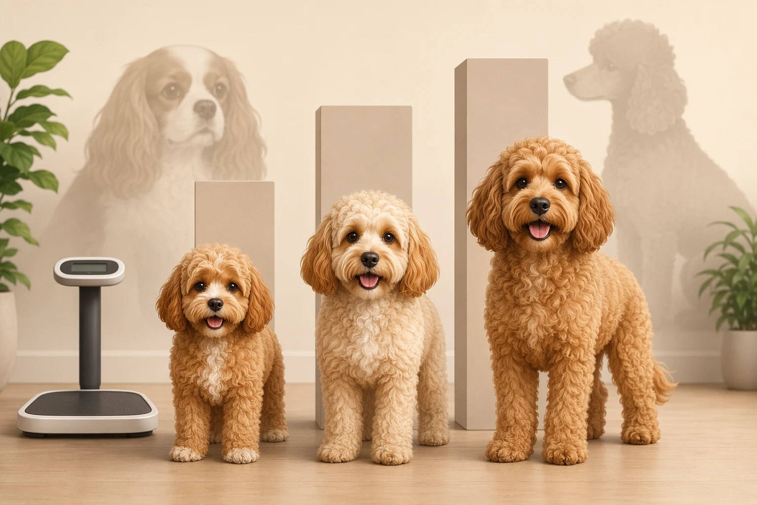 Cartoon Cavapoo size comparison chart with adult ranges