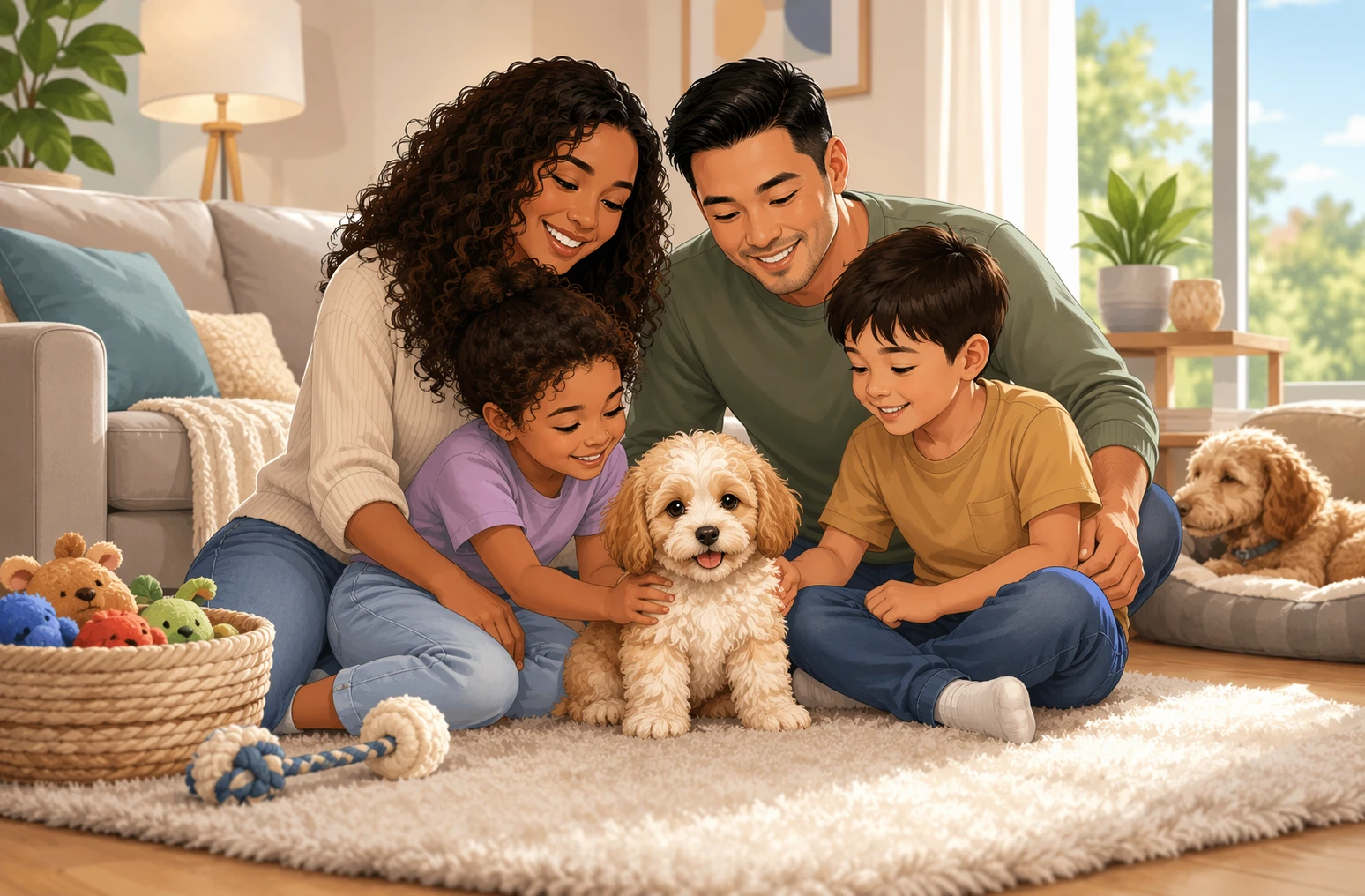 Family cuddling fluffy Havapoo puppy on bright rug
