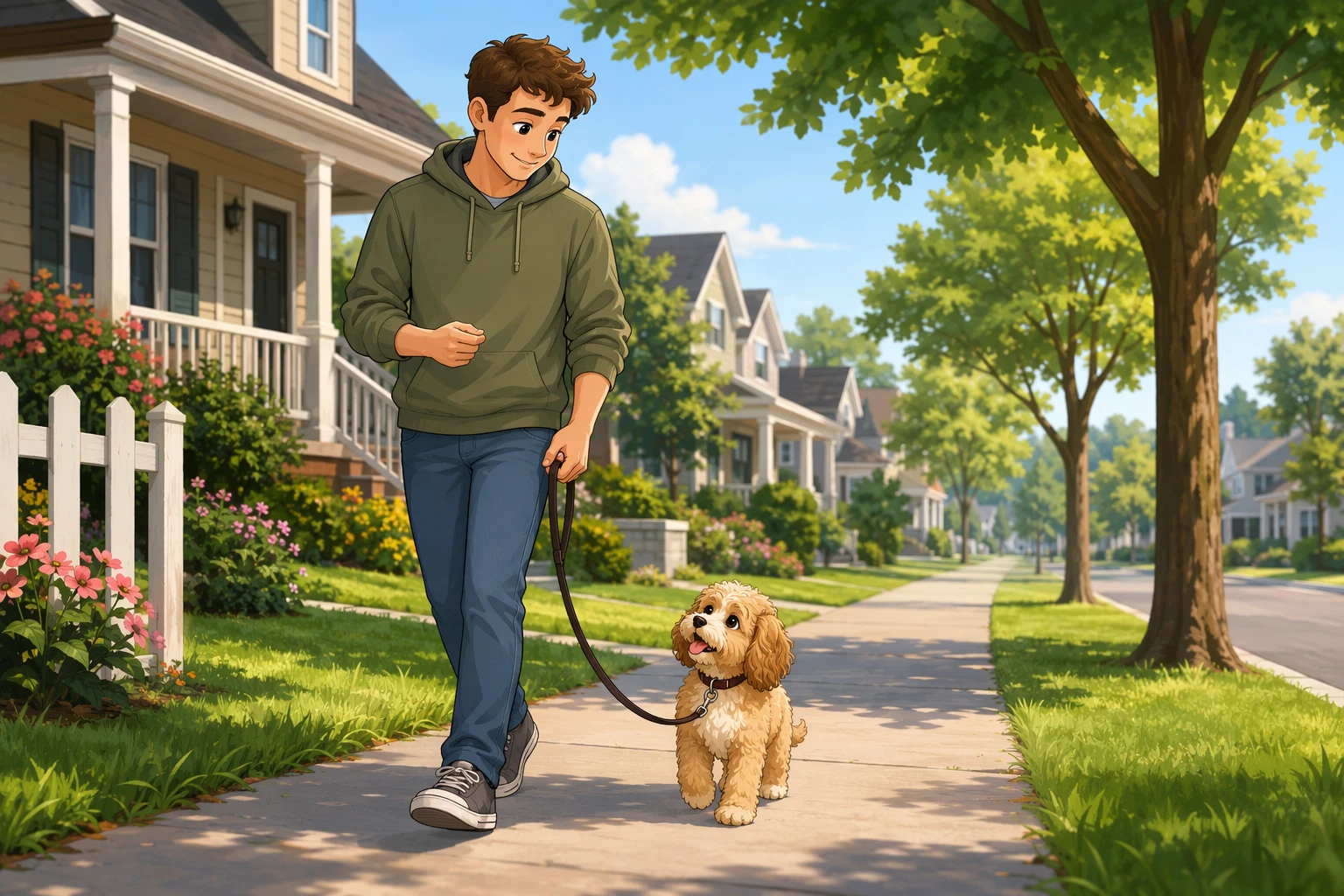 First-time owner practicing leash walking with a Havapoo puppy