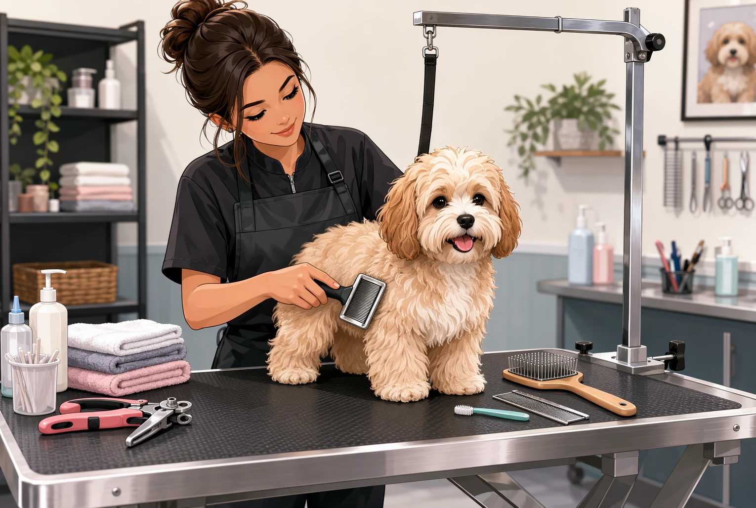 Groomer brushing a fluffy Havapoo on salon table