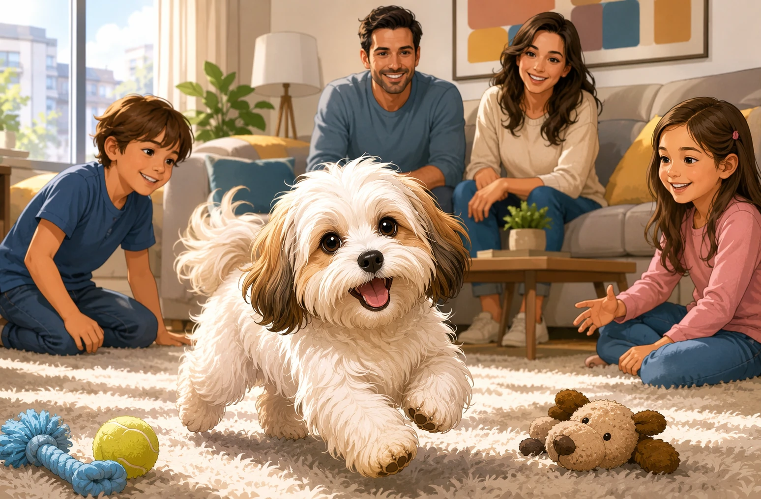 Playful Havanese puppy on living room rug with family