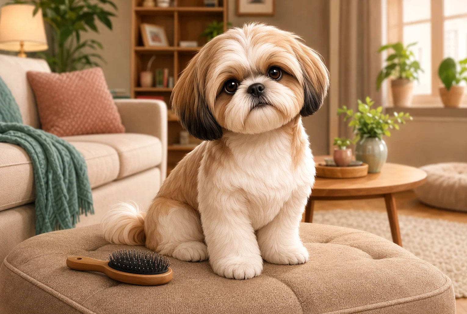 Groomed Shih Tzu puppy beside grooming brush