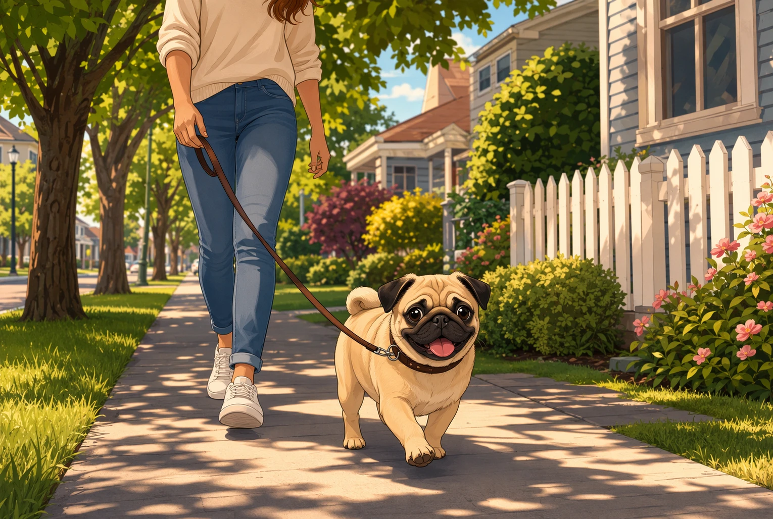 Fawn pug puppy walking on shaded sidewalk