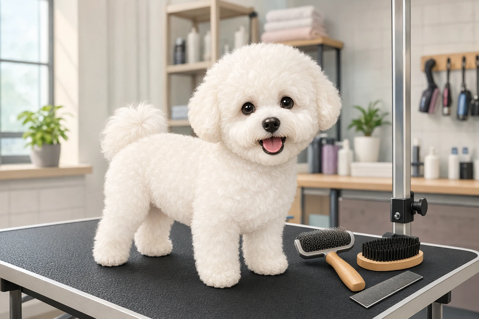 White Bichon Frise puppy on grooming table with brushes
