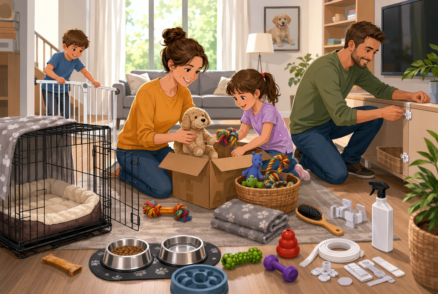 Family arranging puppy-proofing supplies in living room