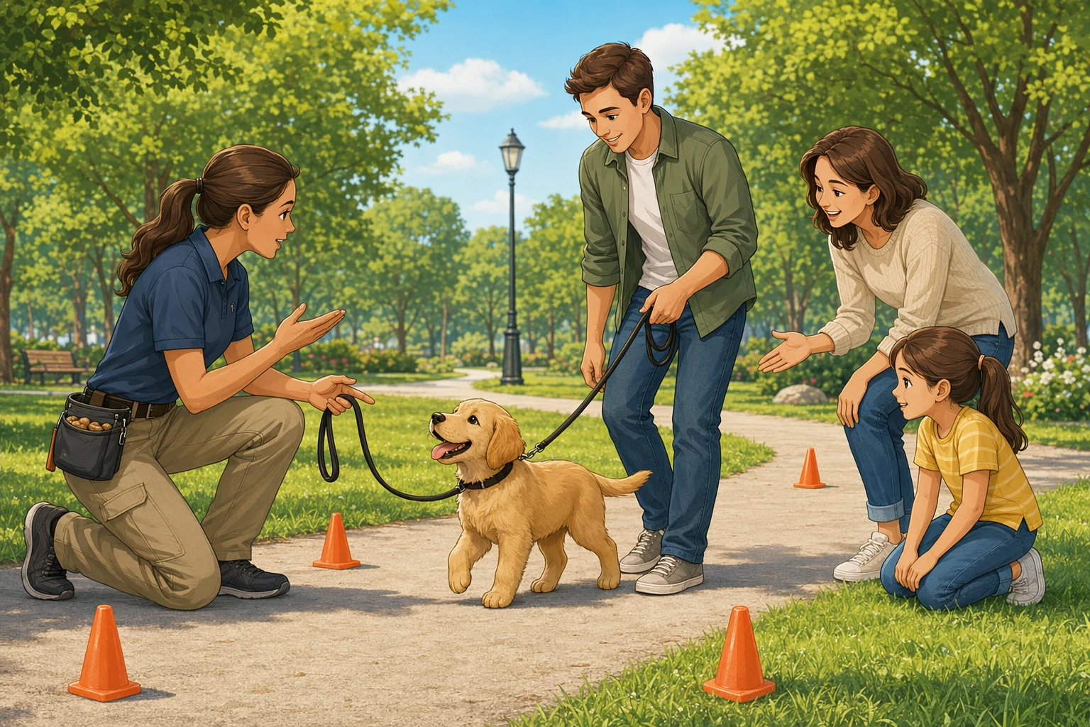 Puppy training session in park with family