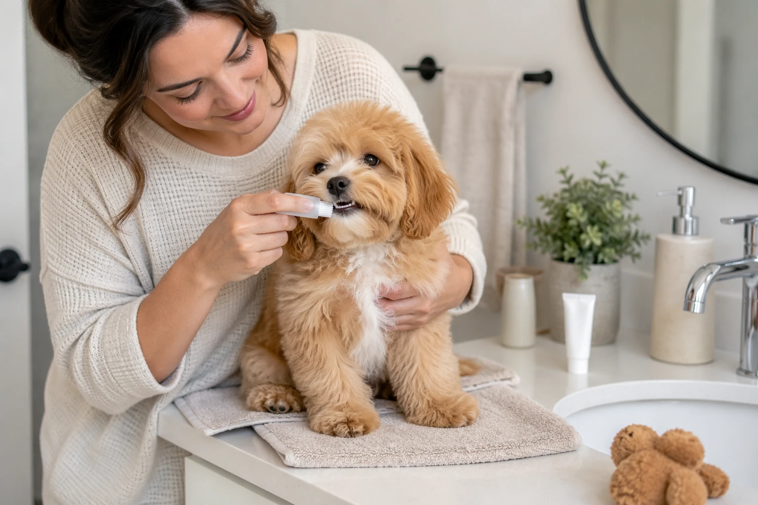 Owner brushing fluffy Havapoo puppy's teeth beside bathroom sink