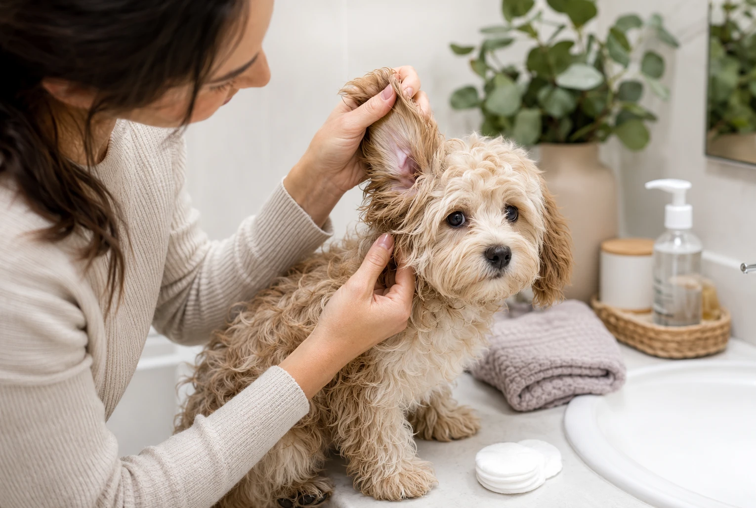 Owner checking a fluffy Havapoo puppy's ear in bathroom