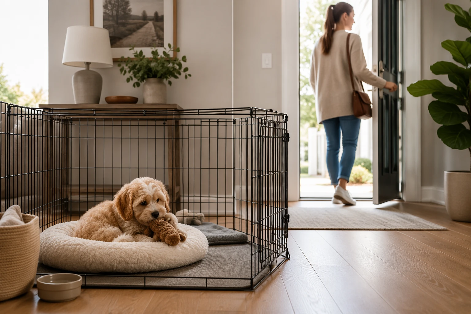 Owner leaving puppy in crate with chew toy