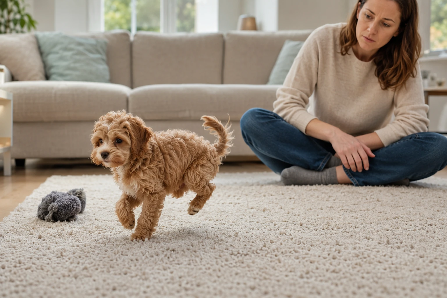 Owner observing puppy with hind leg skip during play