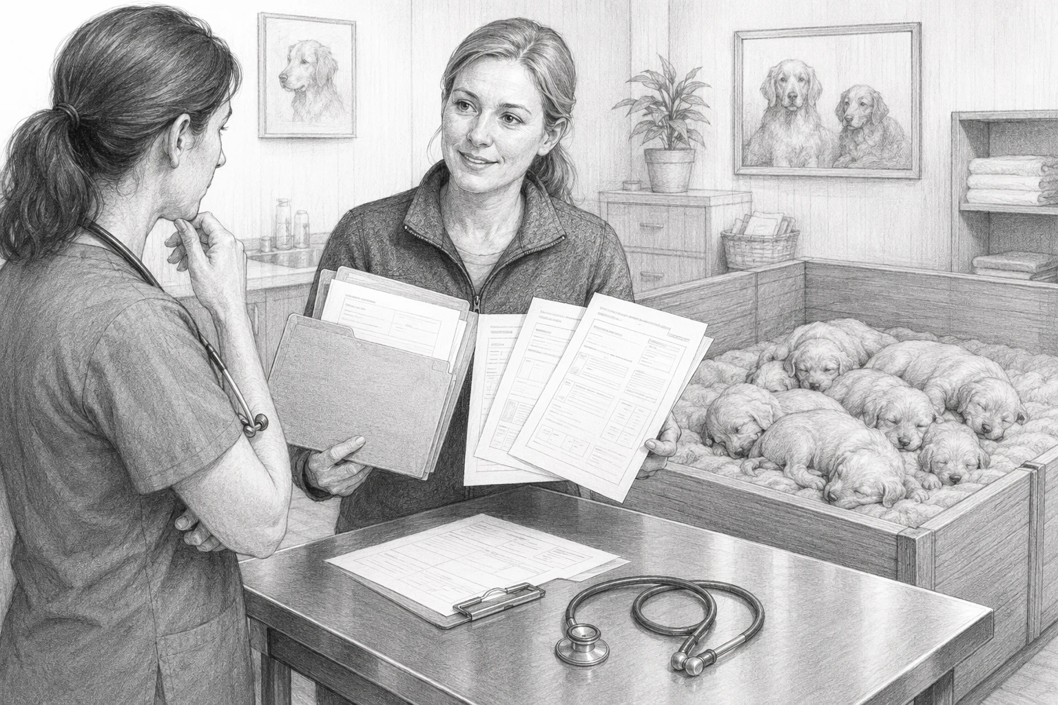 Breeder showing health records near vet exam table