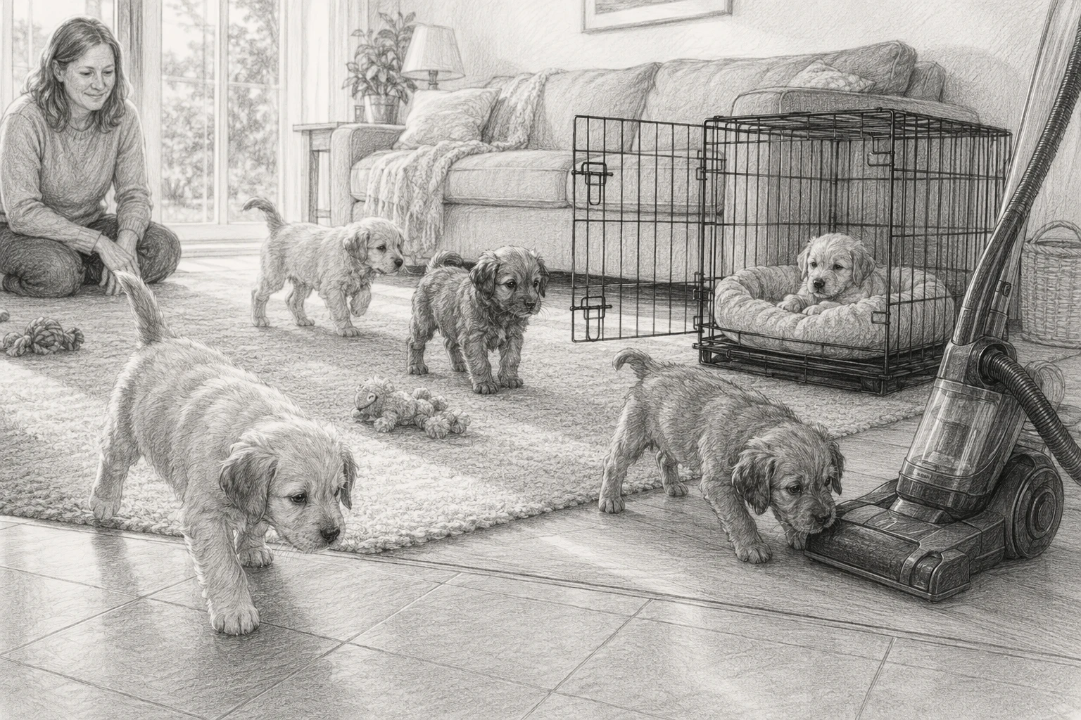 Puppies exploring living room with family