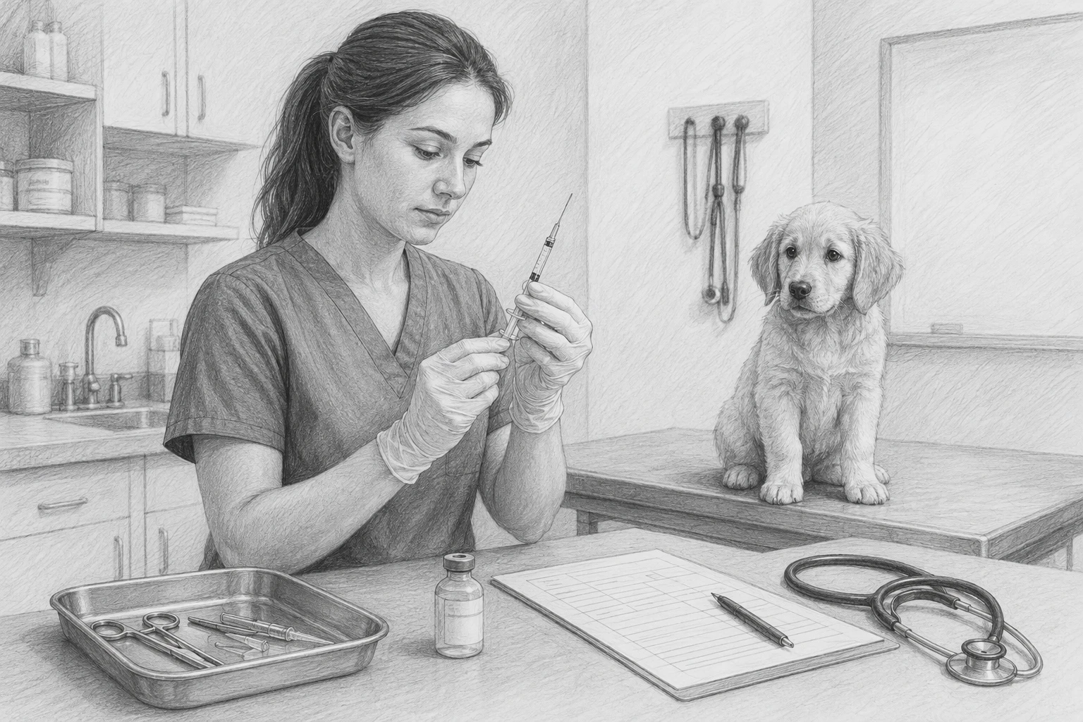 Vet technician preparing puppy vaccination syringe