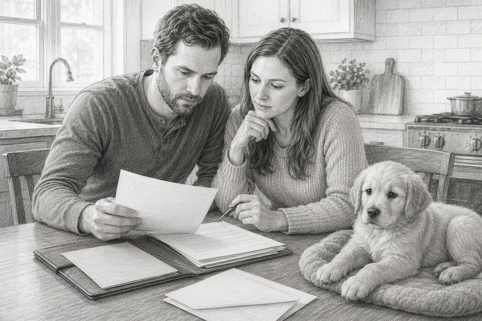 Parents reviewing puppy contract at kitchen table