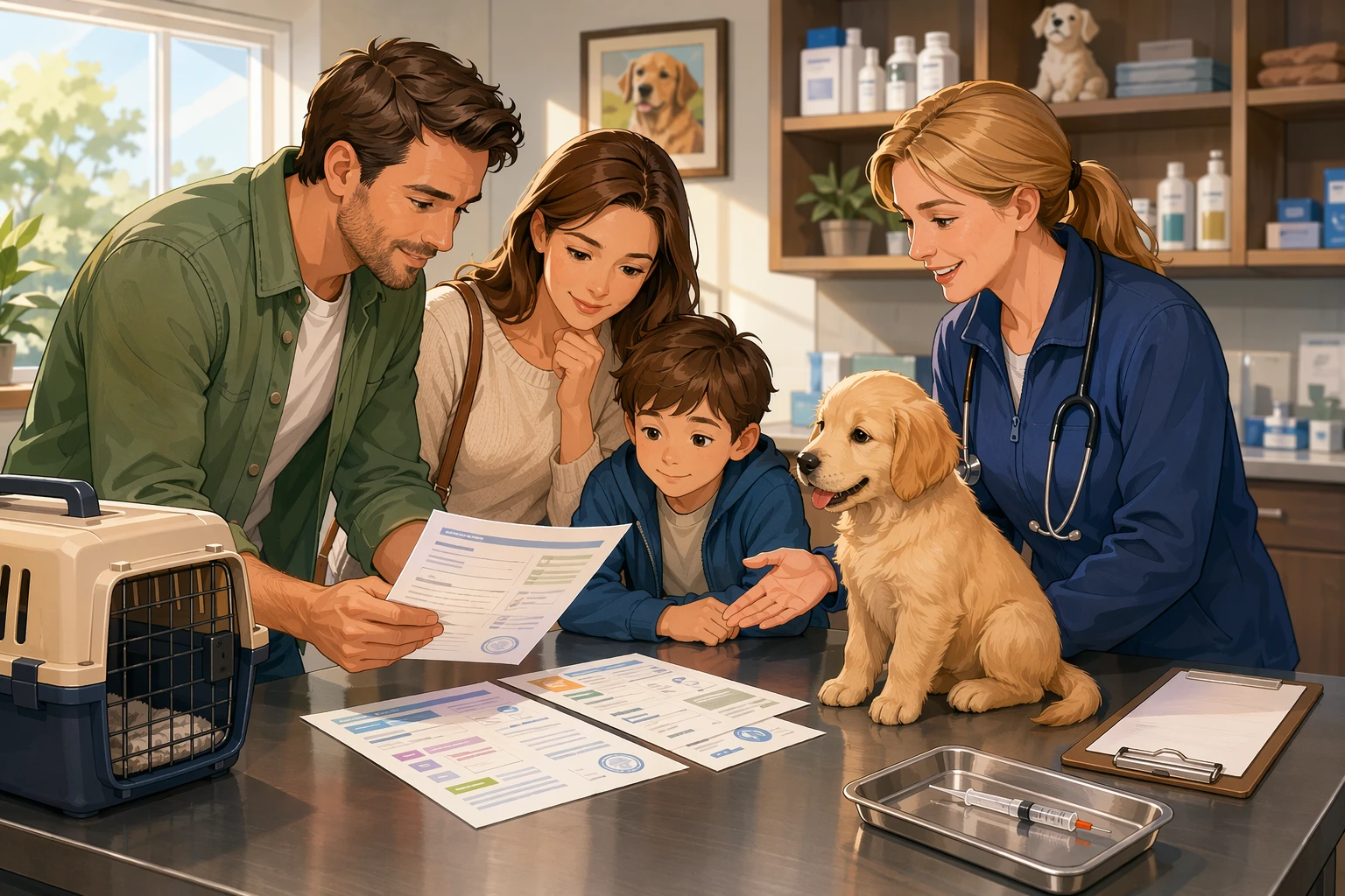 Family reviewing puppy vaccination records with breeder beside exam table