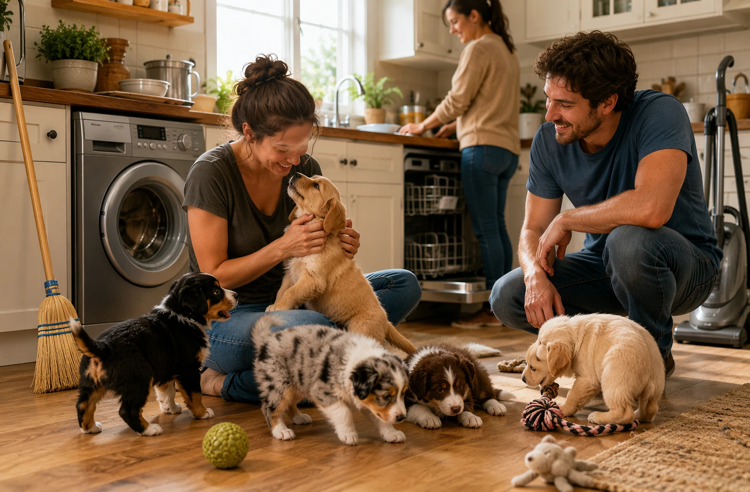 Breeder with puppies on kitchen floor