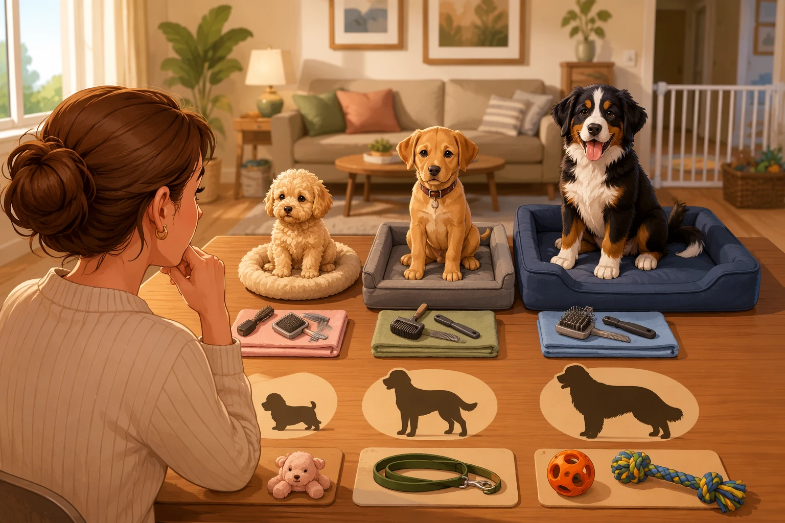 Comparison chart of dog breeds with size, grooming, and energy icons