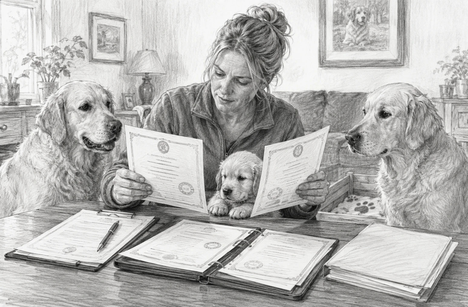 Breeder reviewing health certificates with puppy nearby